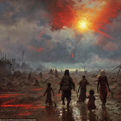 Prompt: Refugees leave a war-scarred battlefield, while a flurry of giant red lasers beams down from the sky behind them, in an impressionism style with dark undertones and a feeling of loss particularly from far away.