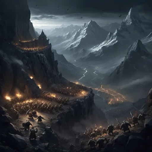Prompt: Fantasy battle of orcs and dwarfs in high mountains eerie atmosphere, night, bird's eye view, detailed characters, high quality, eerie fantasy, mountainous setting, epic battle, atmospheric lighting, night scene, detailed armor and weapons, mystical ambiance, grand scale, fantasy landscape, high-resolution, dark tones, detailed environment