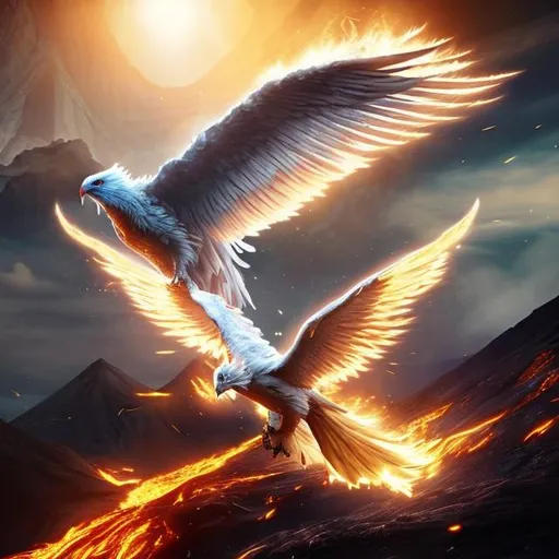 Prompt: a white phoenix flying over a volcano. The wings are illuminated with the sunlight, golden sparks trail comng from the phoenix. Digital realistic art, bird like figure

