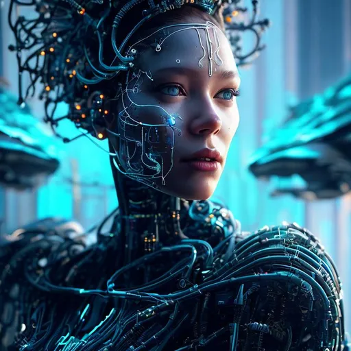 Prompt: Film photography style portrait photo of a beautiful female cyborg. It has little musical details. Around there is nature, birds, ocean, thunder
sci-fi motherboard structure on crowning napoleon painting and digital billboard in between, artstation trending, ultra realistic, cinematic, 8k, 16k, zaha hadid style, michael menzelincev nanospace style, , colors in the style of Blade Runner 2049, on plastic, dark, tilt shift, in 8k
Android Woman Portrait, Futuristic Background Seamless Composition, Hyper Realistic, Super Detailed, 8k, High Quality