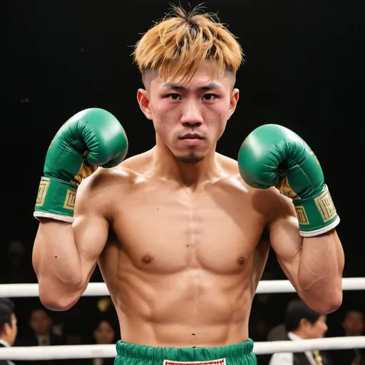 Prompt: Imagine a Japanese boxer resembling Naoya Inoue with golden and brownish hair. He is flexing his strong muscles with arms raised up. He is wearing green boxing gloves.