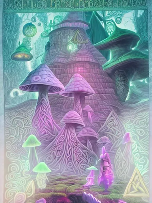 Prompt: Wizard standing in front of castle. Celtic. Green hills, mushrooms.