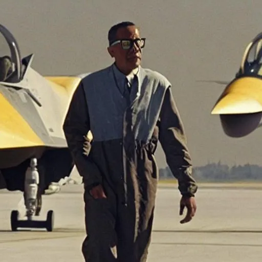 Prompt: gustavo fring flying a fighter jet