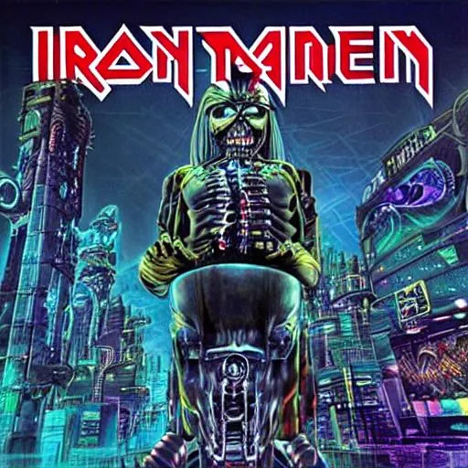 Prompt: iron maiden cyberpunk album cover
