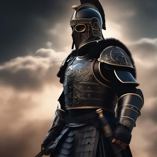 Prompt: A modern roman military male in black military armor galea helmet of roman armor, and gas mask, background war battle, Hyperrealistic, sharp focus, Professional, UHD, HDR, 8K, Render, electronic, dramatic, vivid, pressure, stress, nervous vibe, loud, tension, traumatic, dark, cataclysmic, violent, fighting, Epic