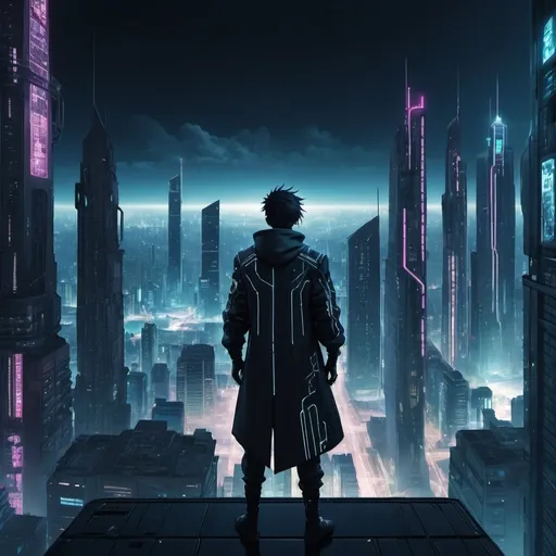 Prompt: Anime cyberpunk style, futuristic city with a man standing on the egde of a skyscraper ,highly detailed, HD, dark background