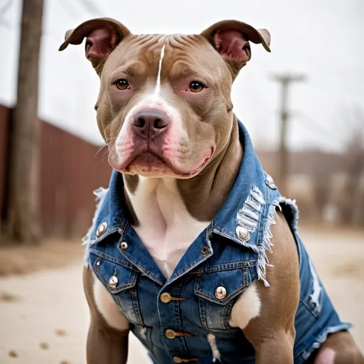 Prompt: pitbull dog wearing a heavy metal music denim vest
