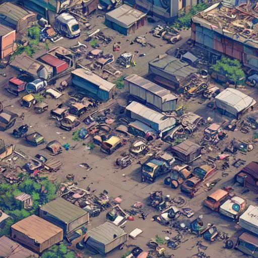 Prompt: Make me a birds eye view of a  junkyard in anime style