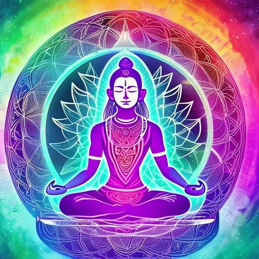 Prompt: In the center of the graphic, you can have a meditating yogi in a peaceful posture, surrounded by vibrant chakra points in various colors. The yogi could be represented in a geometric style, incorporating sacred geometry symbols, such as flower of life or Sri Yantra, to emphasize the spiritual aspect.

Around the yogi, you can depict a circle of warriors, each showcasing their unique combat stances or hand-to-hand combat techniques. These warriors can be illustrated in a dynamic and powerful way, highlighting their strength and discipline.

To convey the gentle and kind nature of the yogi and the lively party atmosphere, you can add subtle elements such as flowing ribbons or petals intertwining with the warriors’ movements. 