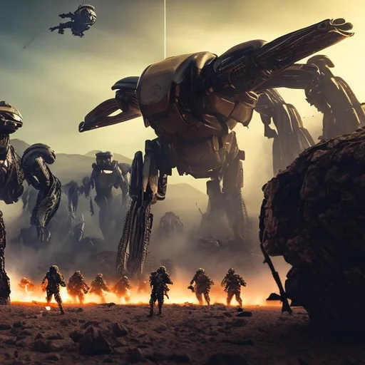 Prompt: 4K landscape, with soldiers fighting against alien robots
