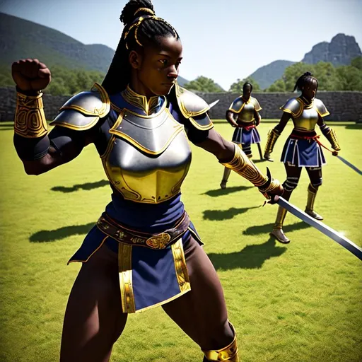 Prompt: (Hyperrealistic highly detailed sharp full body photography of an ebonian woman master-at-arms training and sparring with young students)
Beautiful, mature, strong-willed,  protector, benevolent, skilled athletic, strong, golden headband, traditional light leather armor. Shining swords. Old stone barracks. Tribal style.