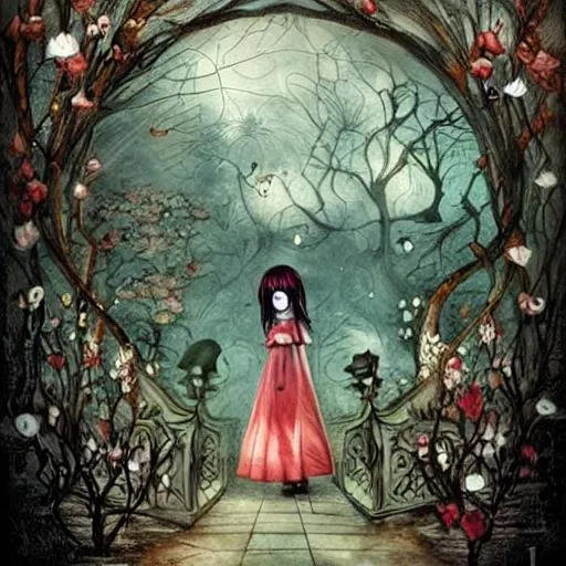 Prompt: Alice returns to the hall and finally gets into the beautiful garden, dramatic, art style Megan Duncanson and Benjamin Lacombe, super details, dark dull colors, ornate background, mysterious, eerie, sinister
