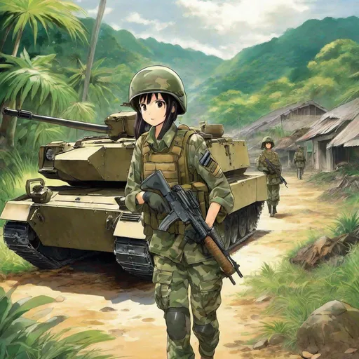 Prompt: anime art, athletic young Indonesian woman, 25 year old, (round face, high cheekbones, almond-shaped brown eyes, epicanthic fold, small delicate nose), soldier, ((camouflage fatigues)), body armor, army helmet, (scenery deserted tropical village, destroyed vehicles), Japanese manga, Pixiv, Fantia