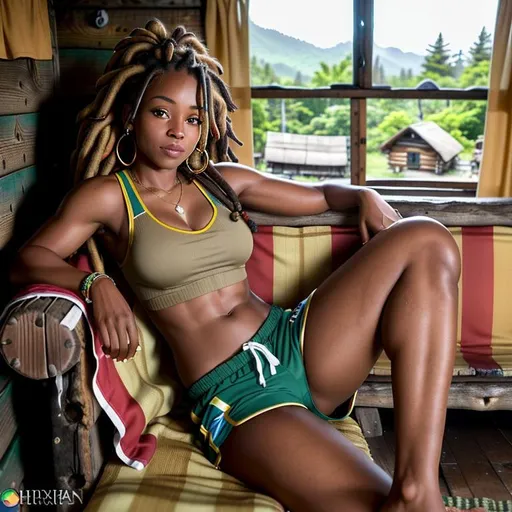 Prompt: Create a high-quality professional image of a young jamaican woman with medium lenght brown dreadlocks hair, in a short tank top and soccer shorts. She is lying nonchalantly on an old damaged and worn sofa in a junkie's wooden cabin with a huge jamaican flag on the wall and curtains on the windows. She has a relaxed look. With a cozy atmosphere.

The image should be realistic and detailed, with sharp contrasts.
The woman should have medium lenght brown dreadlocks hair. She should wear a short tank top and a soccer shorts. She's holding a cigarette. Wisps of smoke rise above her. She's lying nonchalantly on an old damaged worn sofa in a junkie's wooden cabin. The room she is in must be dark, lit only by the rays of the sun passing between the window curtains. A Jamaican flag is on a wall. Cozy atmosphere.