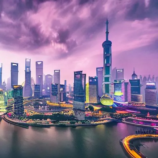 Prompt: long shot scenic professional photograph of Shanghai's skyline, perfect viewpoint, highly detailed, wide-angle lens, hyper realistic, with dramatic sky, polarizing filter, natural lighting, vivid colors, everything in sharp focus, HDR, UHD, 64K, atmospheric, cyberpunk, synthwave, aesthetic, night