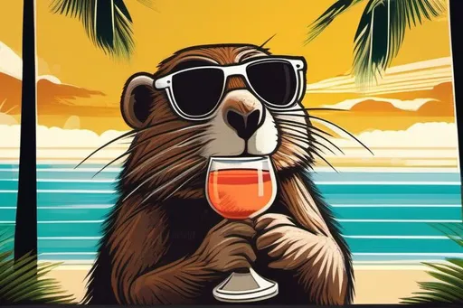Prompt: cool beaver wearing sunglasses and drinking a cocktail under a palm tree by the ocean

artistic lithograph style