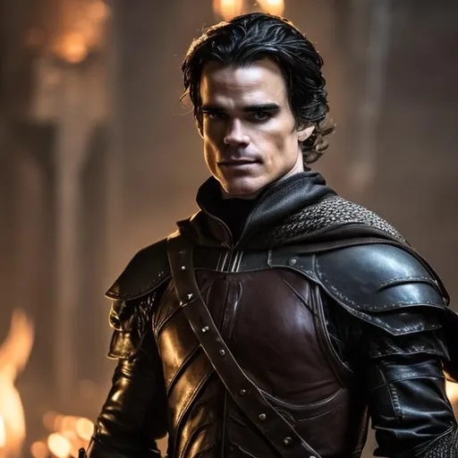 Prompt: A white male  rogue looking like matt bomer,  in leather armor, with daggers