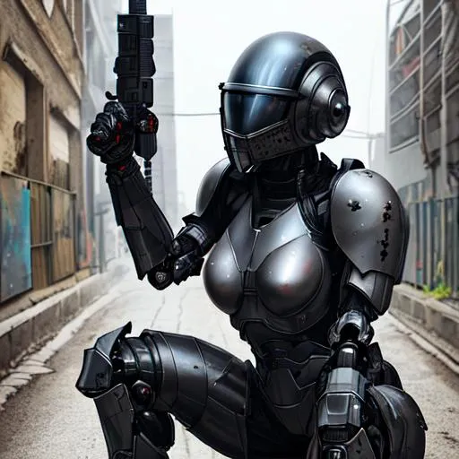 Prompt: black armed female figure in sci-fi battle armor with cybernetic helmet, aiming on one knee, mask, sci-fi visor, bald head, armed figure, weapon in hand, aiming, plate armor, insulated armor, spacesuit, lots of small details, sci-fi movie style, on a ruined city street, overcast, photography, natural textures, natural light, natural blur, photorealism, cinematic rendering, ray tracing, highest quality, highest detail, Cinematic, Third-Person View, Blur Effect, Long Exposure, 8K, Ultra-HD, Natural Lighting, Moody Lighting, Cinematic Lighting --q 2 --ar 9:16