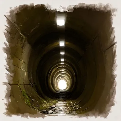 Prompt: dark underground round sewer tunnel with standing water interior