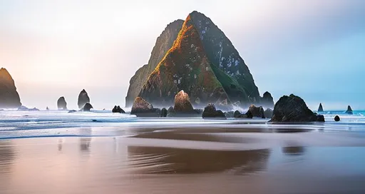 Prompt: Haystack Cannon Beach Oregon, Wide Angle, Perspective, Double-Exposure, Light, Tones of Black in Background, Ultra-HD, Super-Resolution, Massive Scale, Perfectionism, Soft Lighting, Ray Tracing Global Illumination, Translucidluminescence, Crystalline, Lumen Reflections, in a symbolic and meaningful style, symmetrical, intricate detail, high quality, high detail, masterpiece, intricate facial detail, high quality, detailed face, intricate quality, intricate eye detail, highly detailed, high resolution scan, intricate detailed, highly detailed face, Very detailed, high resolution