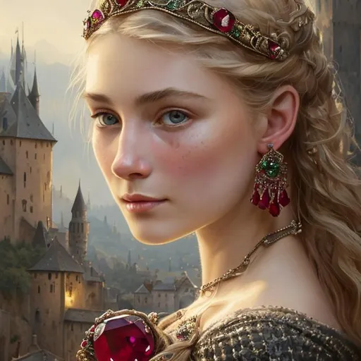 Prompt: Portrait of {beautiful young Medieval woman with ruby earrings and emerald tiara} with {ombre brown and blonde} hair and with cute face, {castle village background}, perfect composition, hyperrealistic, super detailed, 8k, high quality, trending art, trending on artstation, sharp focus, studio photo, intricate details, highly detailed, by greg rutkowski
