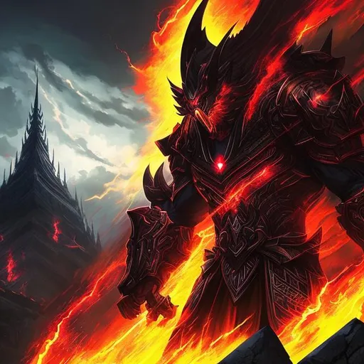 Prompt: (mega detailed) (4x+anime) Dark jokowidodo god standing, 100 feet tall, (black and red armor) (Black and red lightning blot imprint) black and red lightning skies. large sword in his hand, burning city behind