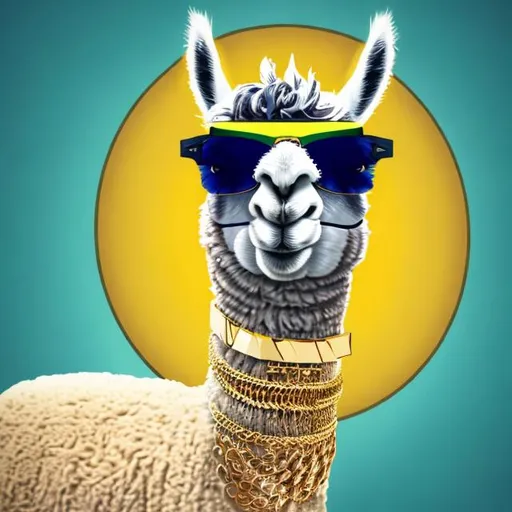 Prompt: Llama with a gold chain ,sunglasses and a single colour backround