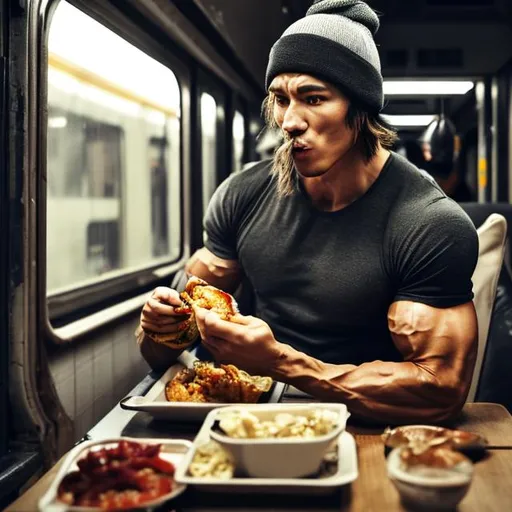 Prompt: A muscular man wearing a beanie and eating a chicken and rice driving a train