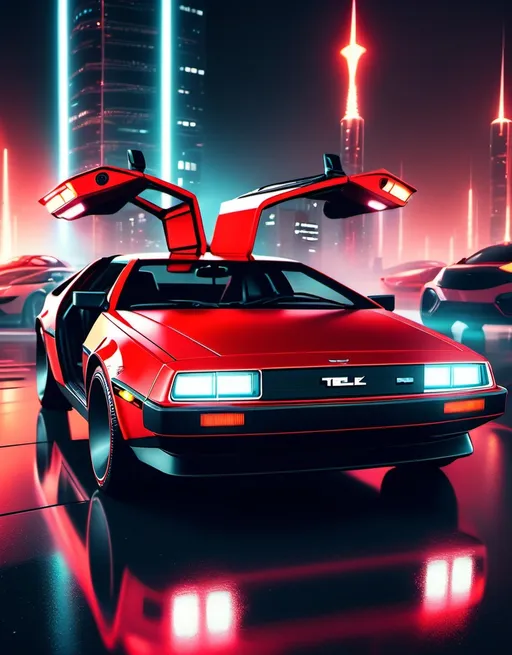 Prompt: (DMC Delorean mixed with Tesla Cybertruck and firetruck), striking (red color), futuristic design, sleek lines and modern aesthetics, vibrant reflections, high-intensity lighting, an innovative blend of classic and contemporary styles, urban background with a sense of motion, high detail and vivid colors, 4K, ultra-detailed image quality.