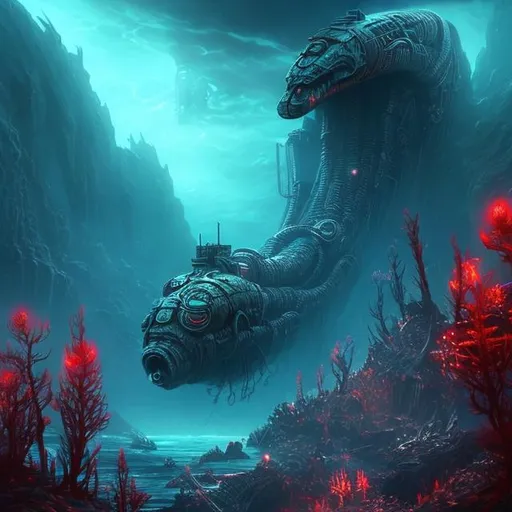 Prompt: Red lights, futuristic, submarine, biological mechanical eel, giant, deep ocean, fantasy art style, coral reef, dystopian, underwater, dystopian, submerged, danger, shipwreck, murky water, predators, hunting, evil
