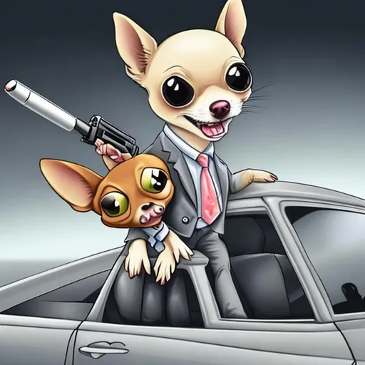 Prompt: Cartoonish chihuahua in business suit, driving an sedan, smiling, holding an Glock-19 and shooting his enemies, a little gray mouse is sitting on the shoulder of chihuahua