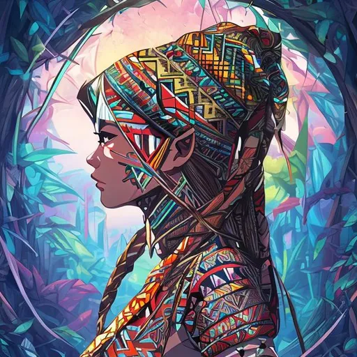 Prompt: strain glass aztec woman proportional high resolution anime nature