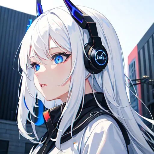 Prompt: White hair girl with blue eyes wearing black headphone on the building which is from future of Japan 4k with blue LED on black horns 
