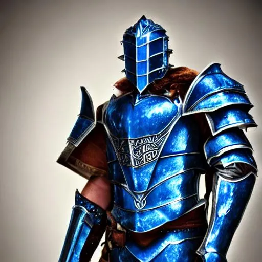 Prompt: tall, blue armor, fantasy, High resolution, muscular, lean, blue hair, blue eyes.