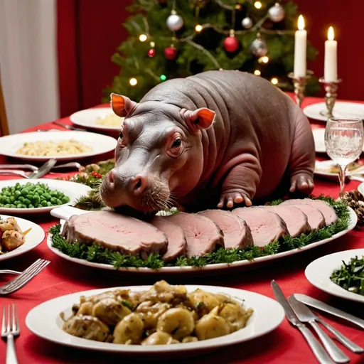 Prompt: Photo, Christmas holiday dinner on a table with all the trimmings. Main course is a baby hippo.