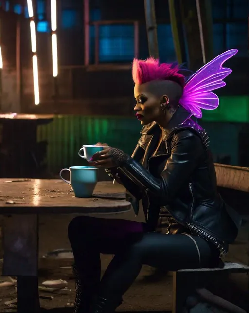 Prompt: A darkly beautiful woman in punk rock fairy attire sits alone at a table in an abandoned industrial wasteland, neon lights in the distance. She sips tea poured into a cracked cup. Shot at night with a 35mm lens on Lumix S5. Gritty, desolate, surreal.