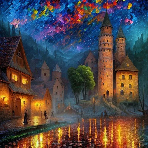 Prompt: olden time medieval village under the stars, art by Pointillism, In the style of Leonid afremov and Beksinski, 32k UHD, Dreamlike, Soft Lighting, Intricate Details, multi-layered, polychromatic, ultra_detailed, ultra_quality, CGSociety, Russ Mills, Hyperrealistic, intricately detailed, colour depth, Perfect Composition