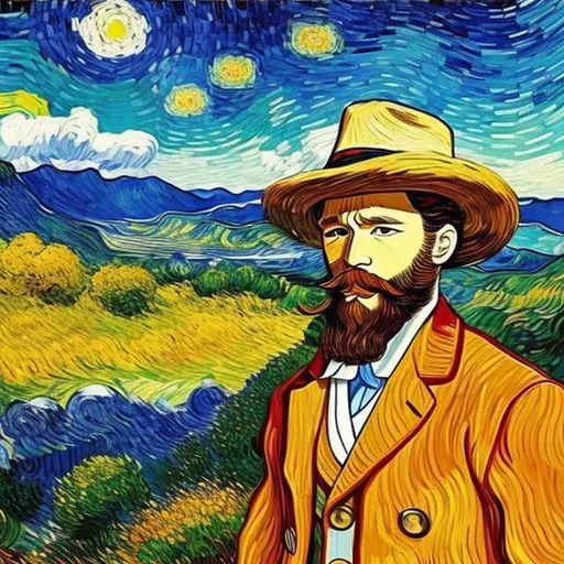 Prompt: A well-dressed man [Flamboyant Clothing, Straw Hat, thick beard], wandering in the mountains, a wooden cabin in the distance. peaceful atmosphere. Character line art by Hirohiko Araki. background by Vincent Van Gogh {Sky painted by Vincent Van Gogh}. Background by Bob Ross {Mountain painted by Bob Ross}.