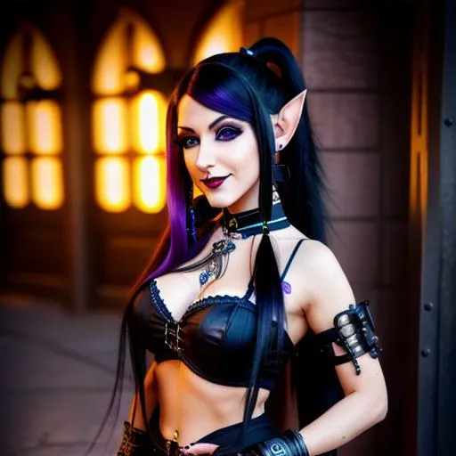 Prompt: portrait of a full body night elf, cinematic shot, ultra detailed, realistic, cute smiling, long dark black hair ponytail, goth steam punk, piercings