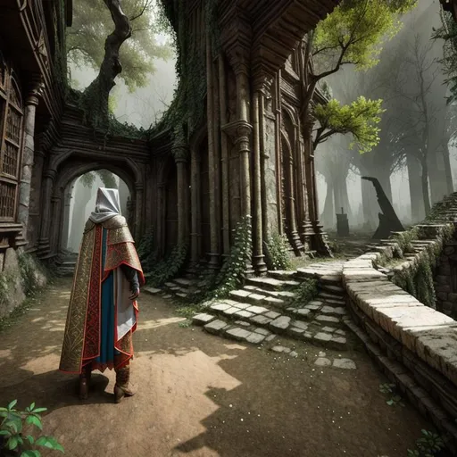 Prompt: wandering nomad wizard female, multilayred outfit, cloak and cape, intricate detail,  show old apocalyptic city wasteland overgrown by oppressive huge forest, vines, plants and roots growing, cracking through walls, 3d render,  high detail, 