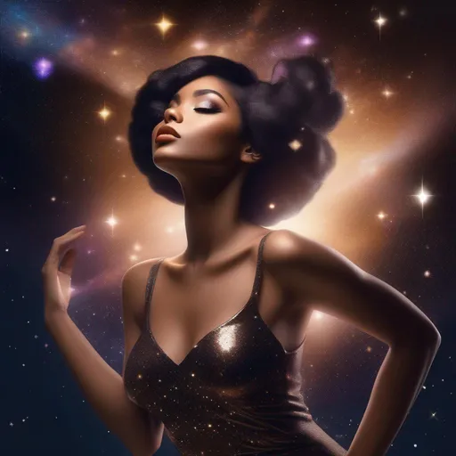 Prompt: 3d art pin-up girl skin black  hair brown skin flying poseing in the glitter Galaxy
