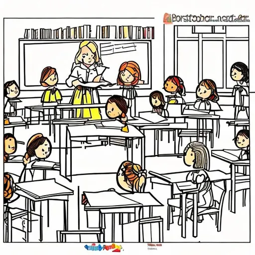 Prompt: for coupon bond paper, pencil,s and coloring pens. Draw a scene about a female teacher teaching 12 pupils ( 5 in left, 7 in right) in a classroom made with wood.