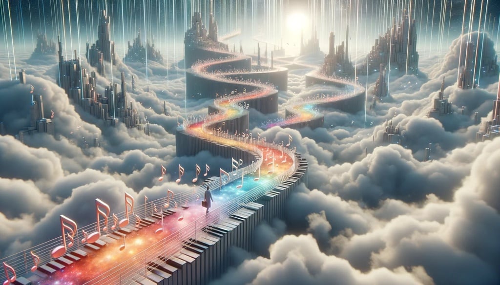 Prompt: 3D render of an advanced civilization in the clouds, where bridges and pathways are made of solid musical notes. Travelers walk on them, and as they step, the notes beneath their feet dissolve into luminous mists, leaving trails of radiant colors.