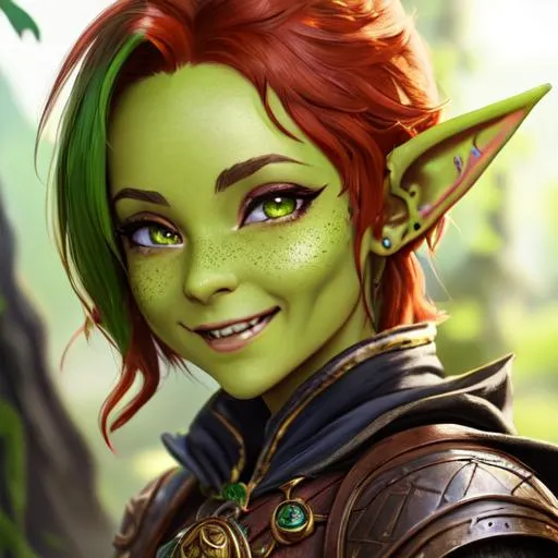 Prompt: oil painting, D&D fantasy, green-skinned-goblin girl, green-skinned-female with freckles, small, beautiful, short fiery red hair, wavy hair, smiling, pointed ears, short fangs, looking at the viewer, cleric wearing intricate adventurer outfit, #3238, UHD, hd , 8k eyes, detailed face, big anime dreamy eyes, 8k eyes, intricate details, insanely detailed, masterpiece, cinematic lighting, 8k, complementary colors, golden ratio, octane render, volumetric lighting, unreal 5, artwork, concept art, cover, top model, light on hair colorful glamourous hyperdetailed medieval city background, intricate hyperdetailed breathtaking colorful glamorous scenic view landscape, ultra-fine details, hyper-focused, deep colors, dramatic lighting, ambient lighting god rays, flowers, garden | by sakimi chan, artgerm, wlop, pixiv, tumblr, instagram, deviantart