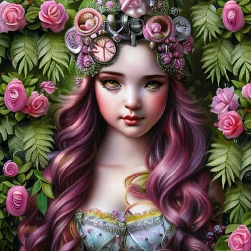 Prompt: Very detailed  #Prisi# young woman with pink hair, steampunk city taken over by plants in the background, d & d, fantasy, with pure flowers, beautiful face, hyperrealism delicate detailed 
complex, sophisticated, vibrant colors, volumetric lighting, pop surrealism art by Mark Ryden and Anna Dittmann