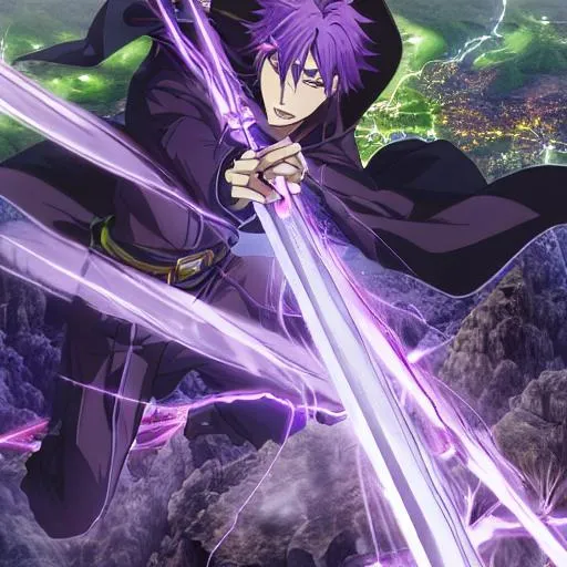 Prompt: Anime guy with thunder sword, purple hair, black cloak, green jeans, fighting the devil, on a mountain in chille
