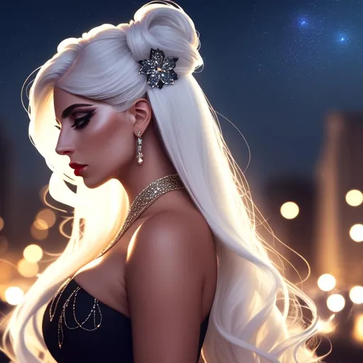 Prompt: Profile of a woman who looks like Lady Gaga, messy long flowing hair, wearing an elegant dress, flowers in her hair, dark contrast, 3D lighting, soft light, nighttime in the city background, stars, sparkles, bokeh