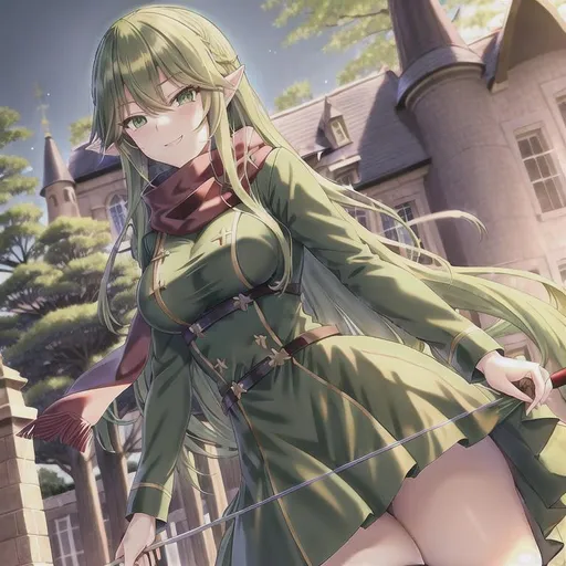 Prompt: Anime Girl, Long Greenish hair, Elv, Sharp Ears, Big Green Eyes, Outside the Forrest, Smirk, Dashing, dark Green Clothes, Peppy, Crossbow, determined, Red Scarf, Battle Ready, castle in background, royal, elegant, dynamic, white thigh highs, flowing, Flowers