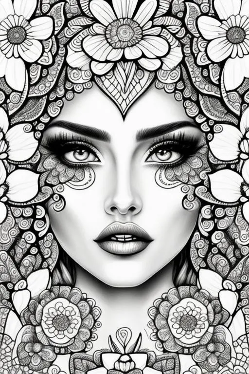 Prompt: coloring page , black and white of detailed beautiftul fantasy girl, with flowers,  clear facial features, symmetrical   smooth lines, beautfiful , dreamy, details, black and white, simple