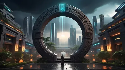 Prompt: magical portal between cities realms worlds kingdoms, circular portal, ring standing on edge, upright ring, freestanding ring, hieroglyphs on ring, complete ring, ancient aztec architecture, zigurat, gardens, hotels, office buildings, shopping malls, large wide-open city plaza, panoramic view, dark night, rain, futuristic cyberpunk tech-noir setting